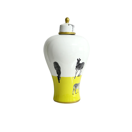 LARGE CERAMIC GINGER JAR YELLOW AND WHITE ZEBRAS