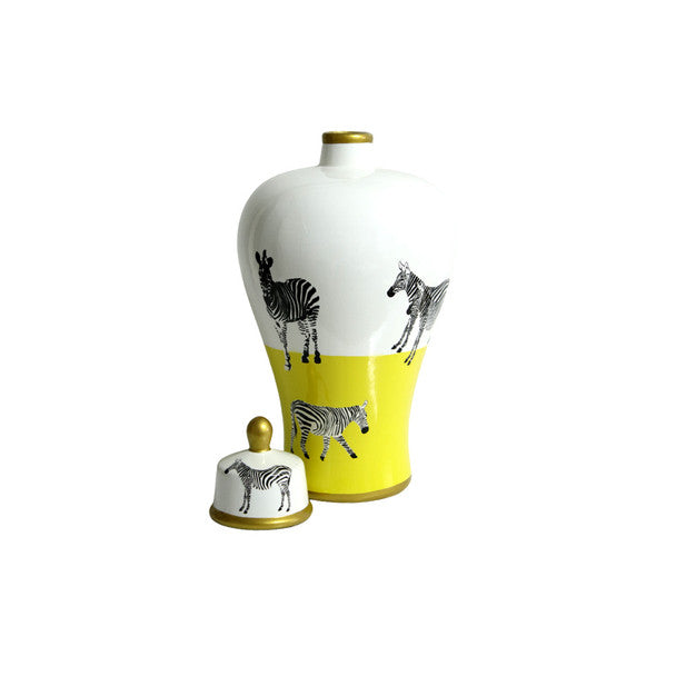 SMALL CERAMIC GINGER JAR YELLOW AND WHITE ZEBRA