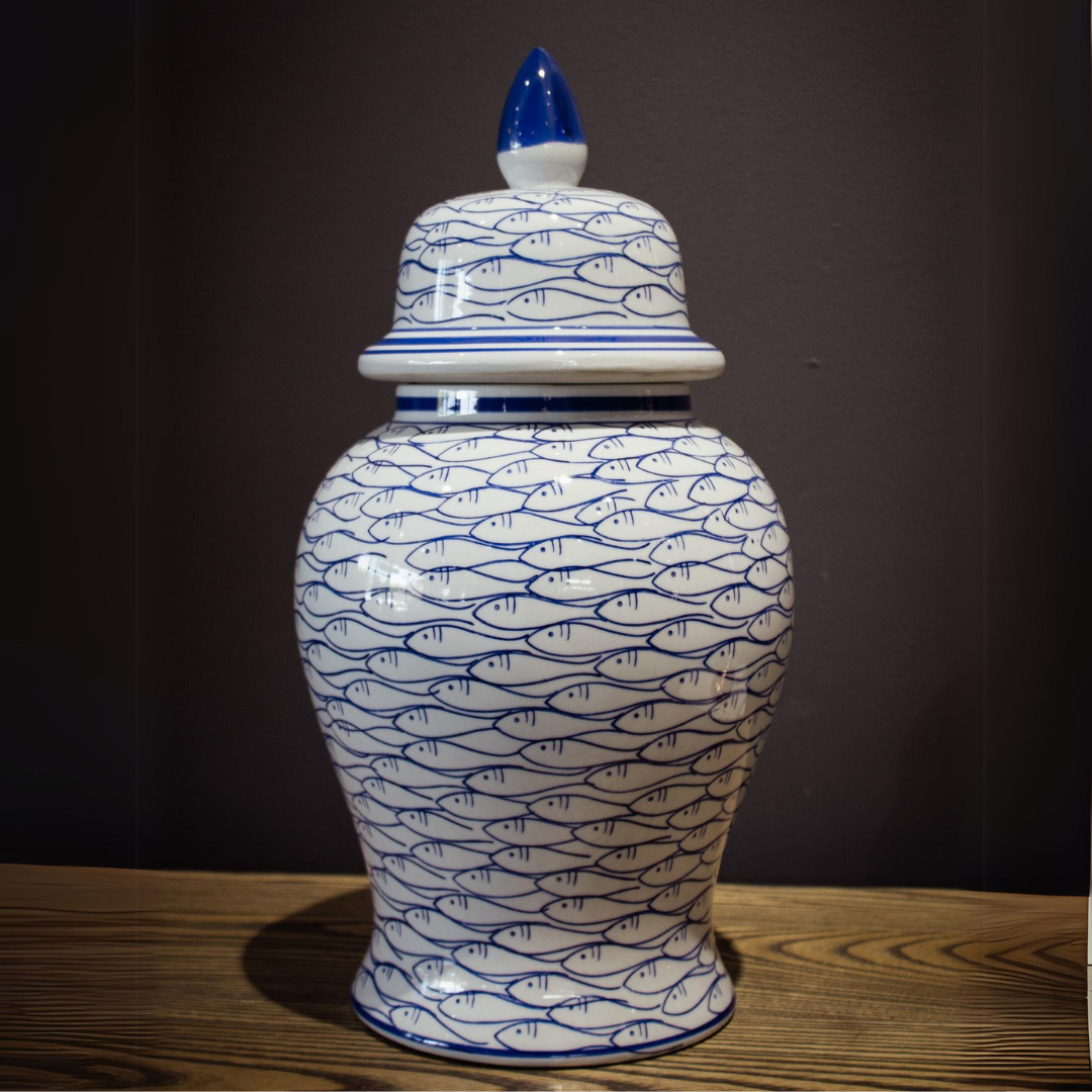 LARGE BLUE FISH GINGER JAR