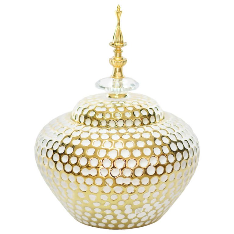 GOLD/WHITE DOT JAR/LID 24CM