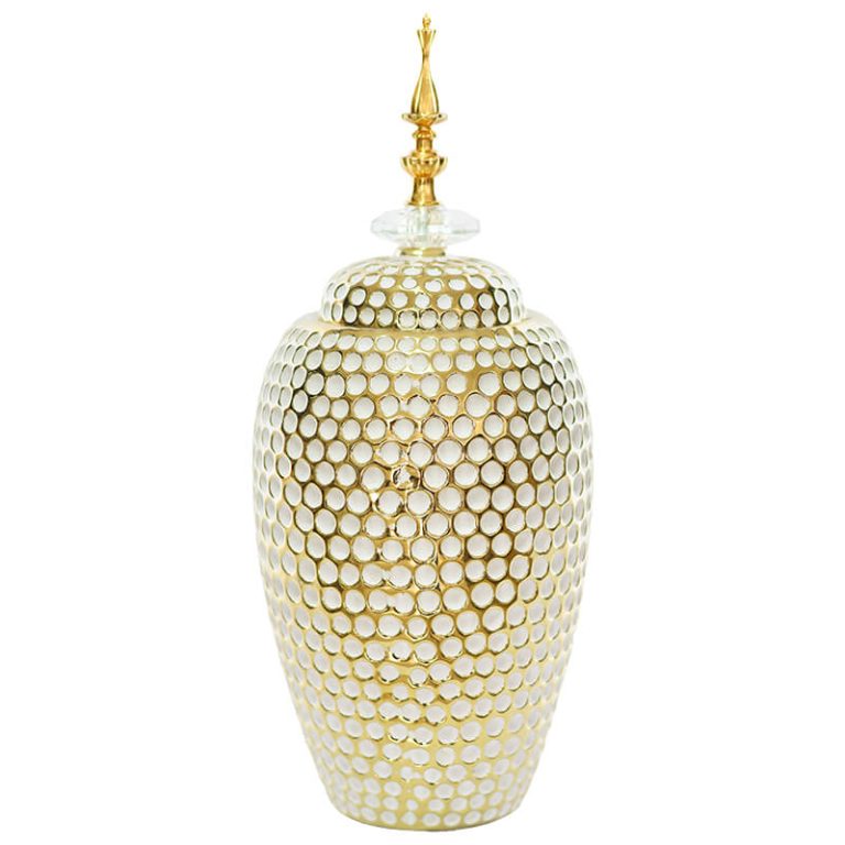 GOLD/WHITE DOT JAR/LID 35CM