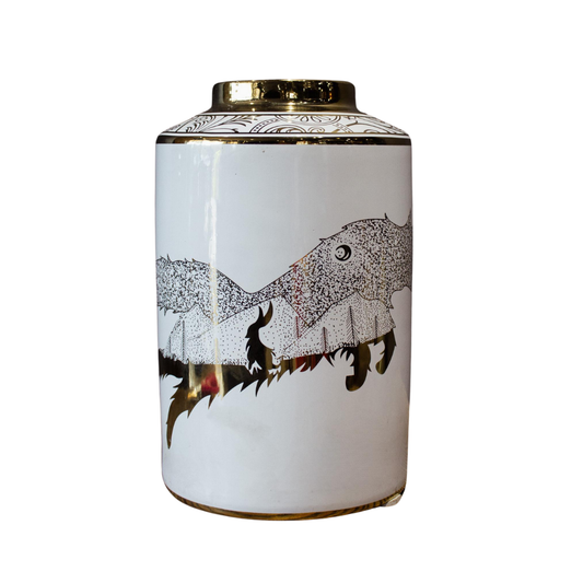 ROUND JAR WITH GOLD MED WOLF