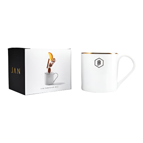 JAN WHITE COFFEE MUG GOLD BAND GIFT BOX