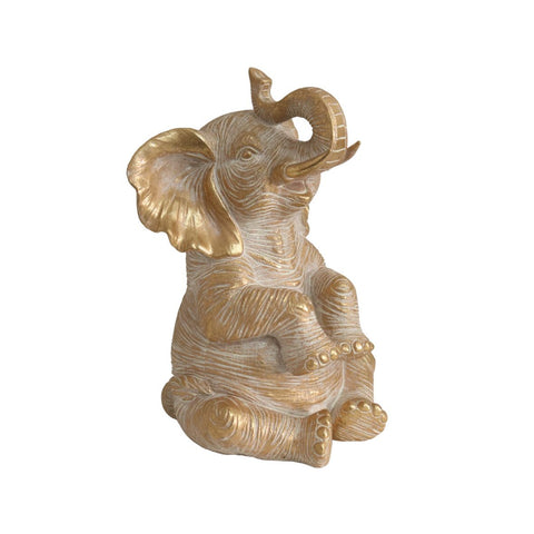 LARGE GOLD SITTING ELEPHANT TRUNK UP