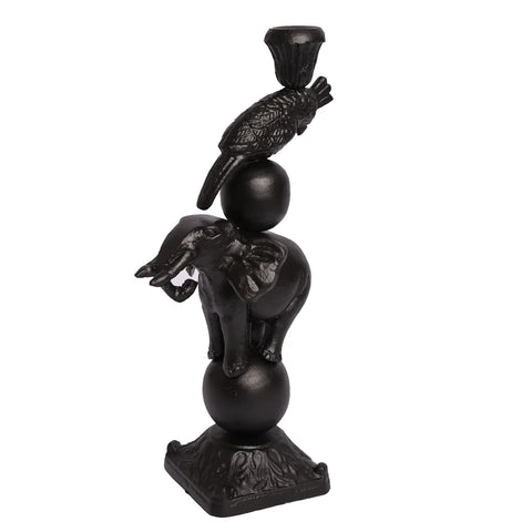 CANDLE HOLDER ELEPHANT & PARROT BLACK