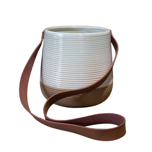 CERAMIC PLANT POT WITH LAETHER STRAP 15x17cm