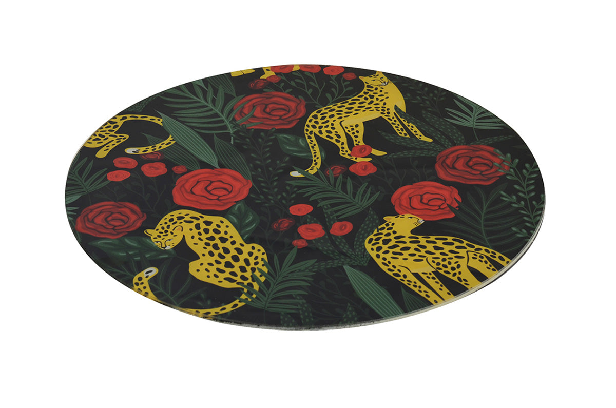 GLASS CHOPPING BOARD ROUND LEOPARD FLOWER