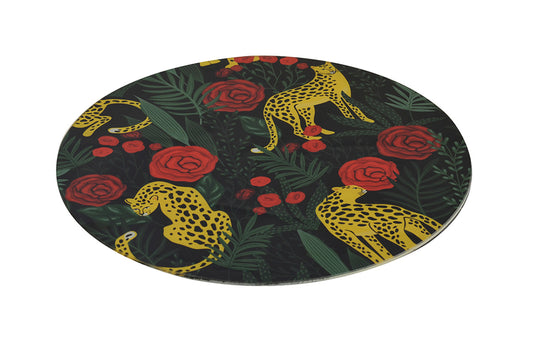 GLASS CHOPPING BOARD ROUND LEOPARD FLOWER