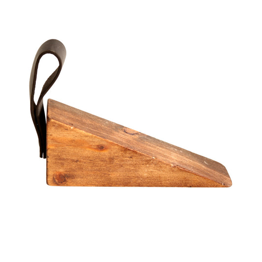 WOODEN DOOR STOP WITH LEATHER HANDLE