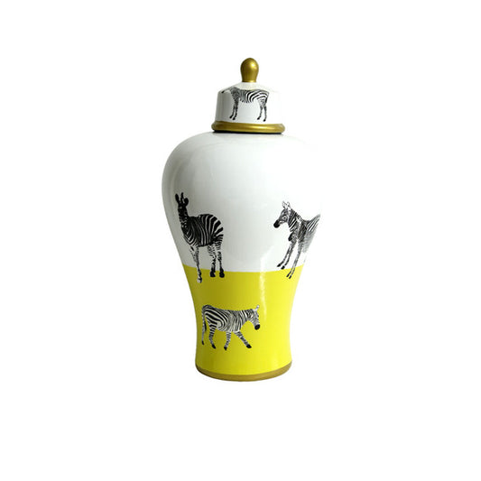 SMALL CERAMIC GINGER JAR YELLOW AND WHITE ZEBRA