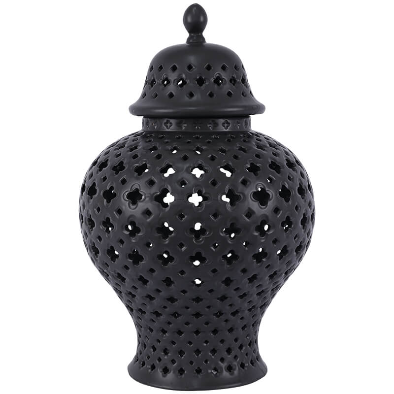BLACK PIERCED GINGER JAR/LID 37CM