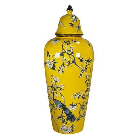 GINGER JAR YELLOW WITH PEACOCK AND FLOWERS 18X47CM
