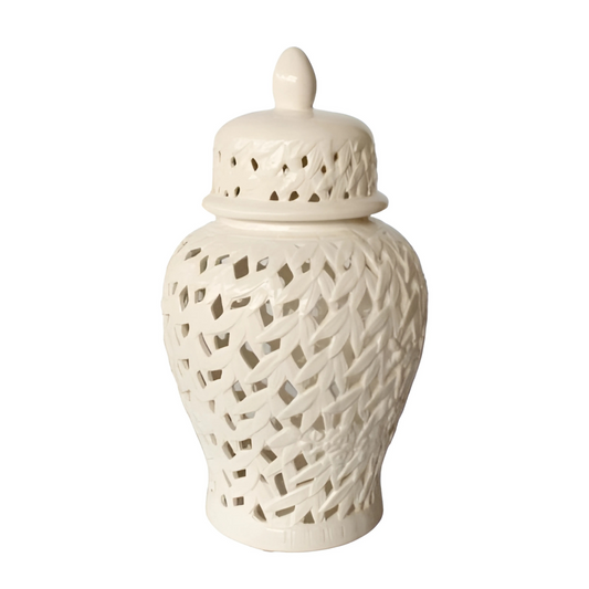 LARGE WHITE FLOWER LEAF CUTOUT GINGER JAR