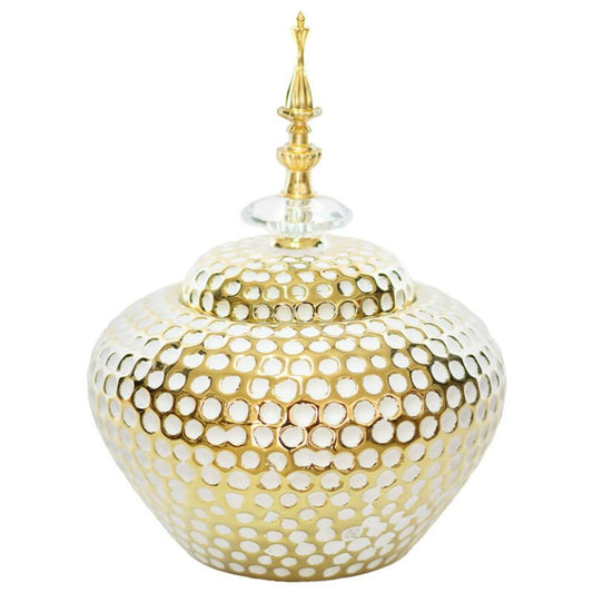 GOLD/WHITE DOT JAR/LID 24CM