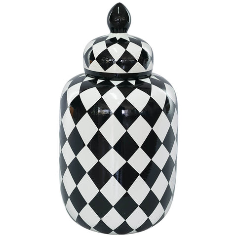 BLACK/WHITE CHECK JAR/LID 34CM