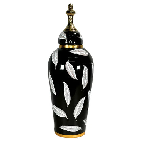 GINGER JAR BLACK AND GOLD WITH WHITE LEAVES 18X50.5CM